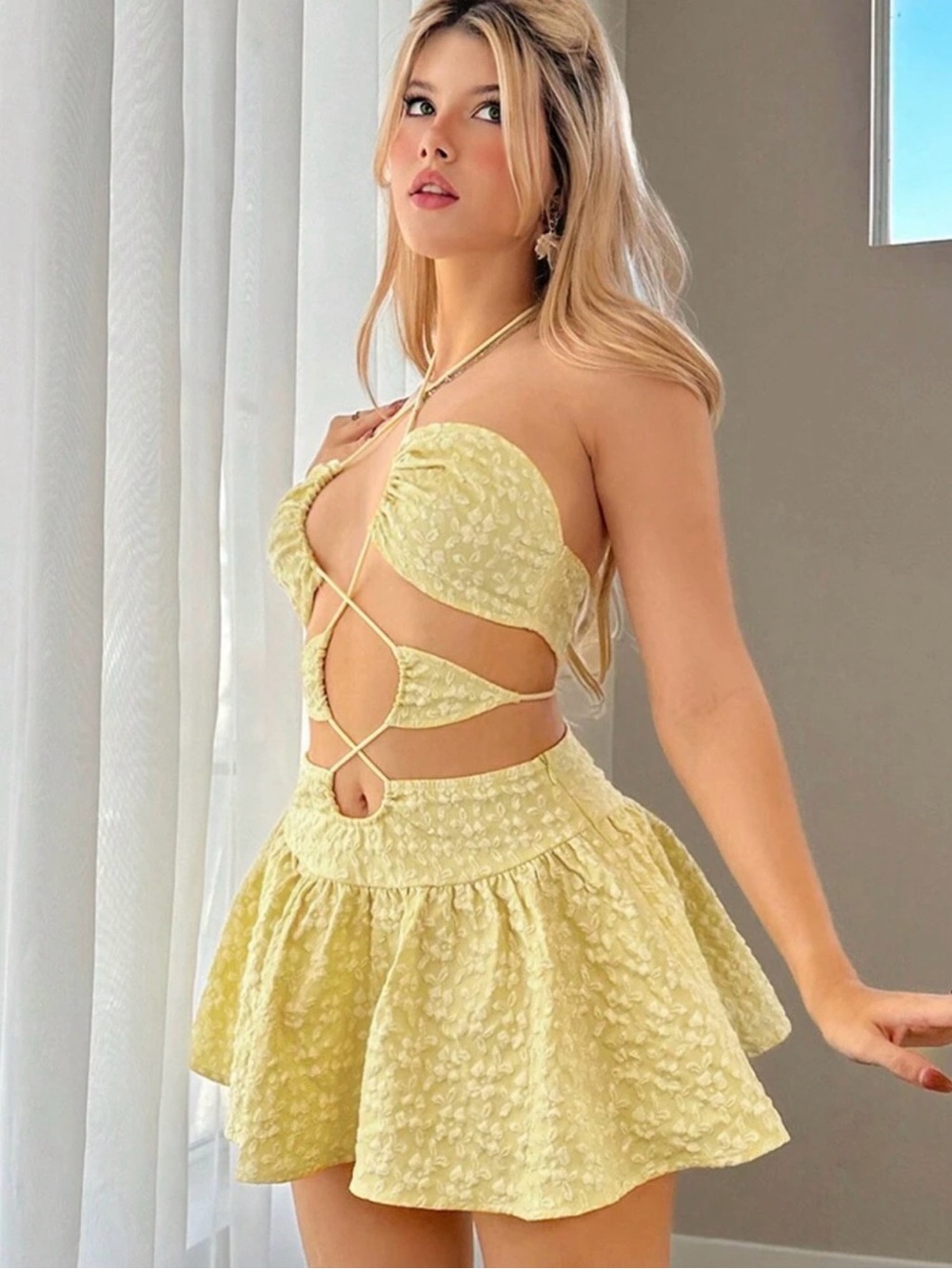 Yellow Textured Cutout Mini Dress